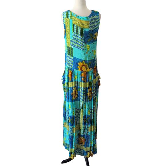 Vintage Maxi Dress Womens Medium Summer Blue Sunflower Garden Cottage Bohemian - Picture 2 of 13